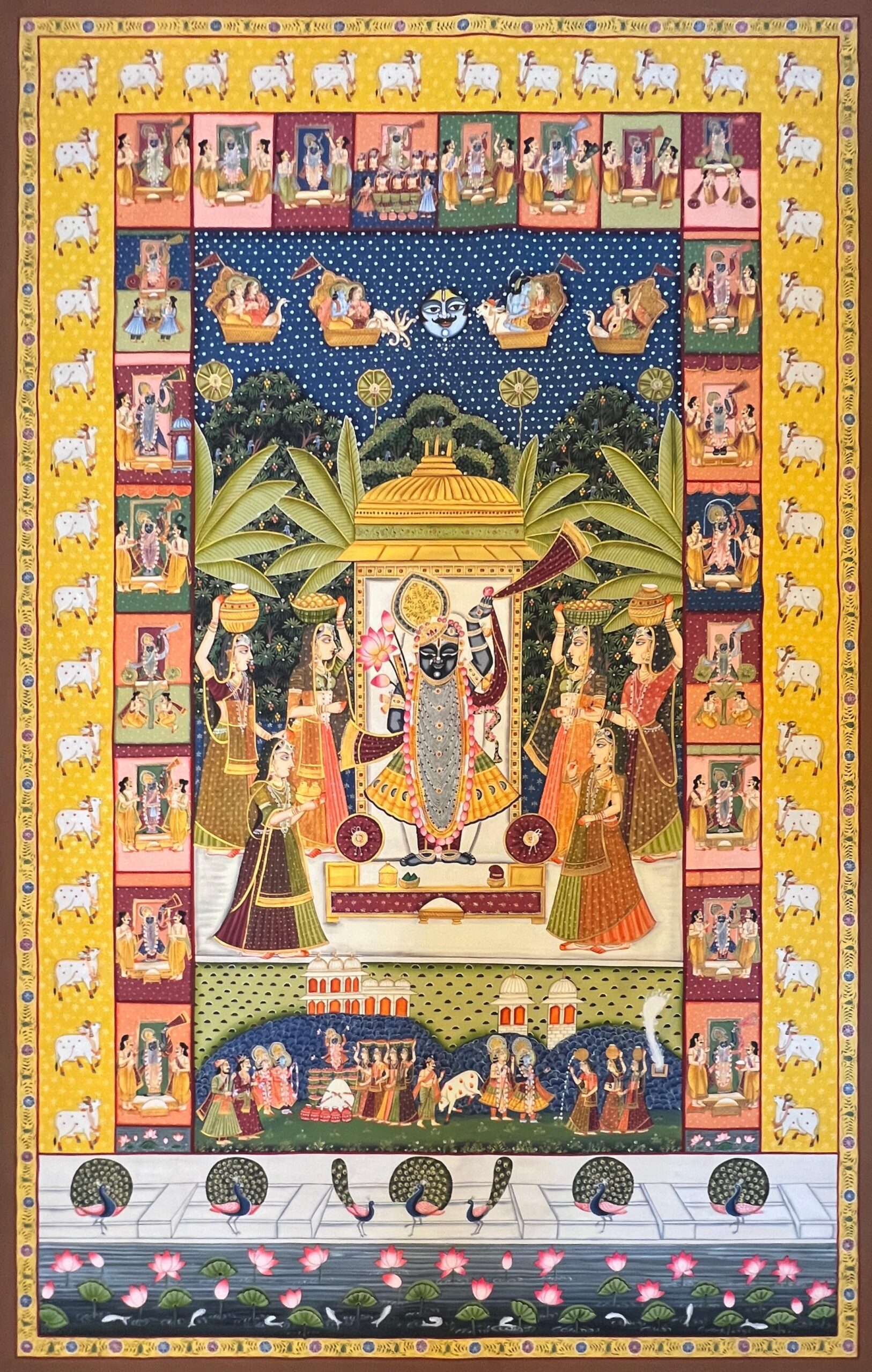 TITLE - SHREENATH JI 24 SWAROOP DARSHAN WITH KAMDHENU IN SHARAD PURNIMA MAHOTSAV - SIZE - 60 X 96 INCHES - NATURAL STONE COLOUR ON COTTON CLOTH -SKU-BT5210- PRICE -120,000-